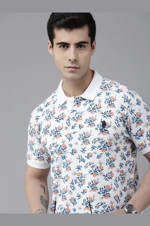 U.S. Polo Assn. U S Polo Assn Men White & Blue Floral Printed Slim Fit Polo Collar T-shirt