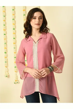 Kalini Floral Embroidered Shirt Collar Flared Sleeves Georgette Longline Shirt Style Top