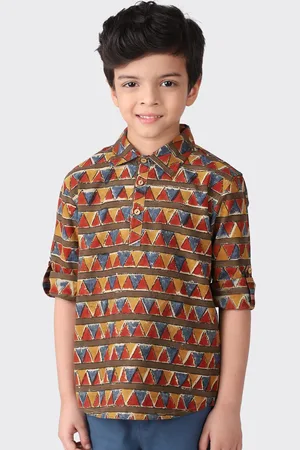 Fabindia Boys Mustard Yellow & Red Geometric Printed Pathani Cotton Kurta