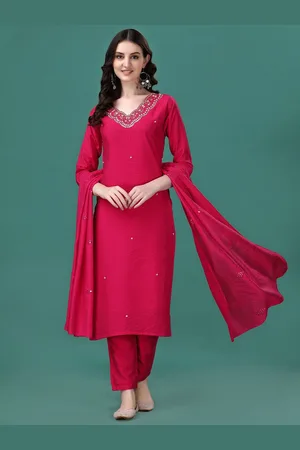 Berrylicious Floral Embroidered V-Neck Beads and Stones Chanderi Cotton Kurta Set
