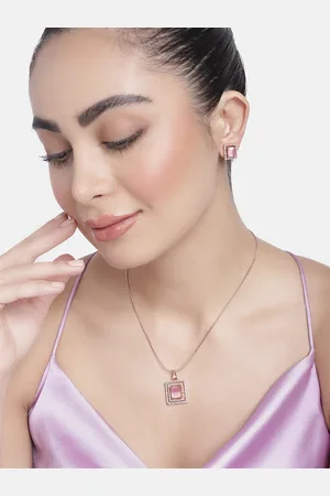 ESTELE Rose Plated CZ Attractive Square Shaped Pendant Set with Mint Pink Stones for Women