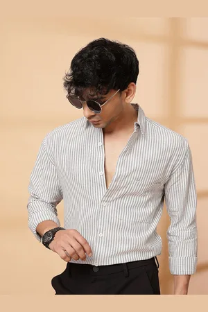 Rigo Men Spread Collar Vertical Striped Linen Casual Shirt