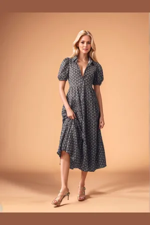 DressBerry Women Black Geometric Poly Rayon Calf Length Dress