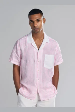 Terra Luna Men Cuban Collar Vertical Striped Linen Casual Shirt