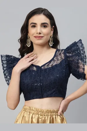 SHOPGARB Women Navy Blue Sequined & Embroidered Padded Saree Blouse