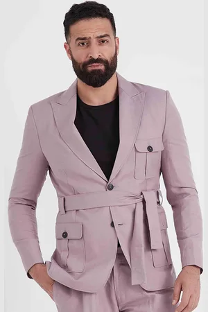 MR BUTTON Men Lavender Solid Slim-Fit Linen Cotton Single Breasted Blazer