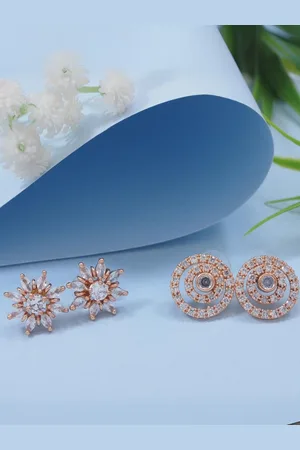 I Jewels Set of 2 Rose Gold-Plated Contemporary CZ Studs Earrings