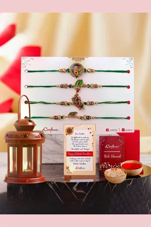 eCraftIndia Set of 5 Beaded Rakhis With Hanging Lantern Tlight Holder