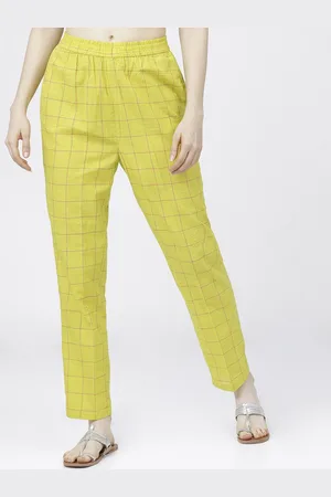 Vishudh Women Lime Green Checked Slim Fit Trousers
