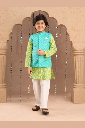 LIL DRAMA Boys Floral Printed Gotta Patti Pure Cotton Kurta with Pyjama And Jacket