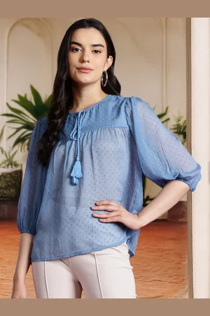 all about you Dobby Woven Tie-Up Neck Puff Sleeve Top