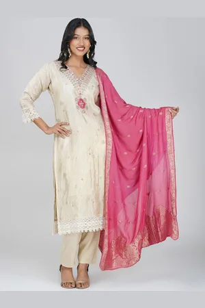 Charitra Women Floral Embroidered Regular Thread Work Pure Silk Kurti with Trousers & With Dupatta