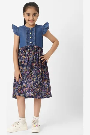 Nauti Nati Girls Denim Floral Printed Flutter Sleeves Dress