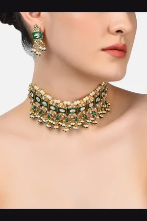 Zaveri Pearls Gold-Toned White & Green Kundan-Studded & Beaded Meenakari Jewellery Set
