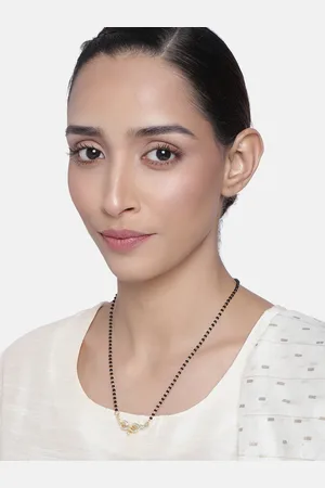 ESTELE Women Gold & Rhodium Plated Black Leaflet Textured Mangalsutra Necklace