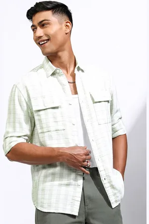 LocoMotive Premium Men Cotton Linen Textured Checked Utility Pocket Relaxed Shirt