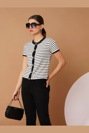 Chemistry Striped Mandarin Collar Cotton Top