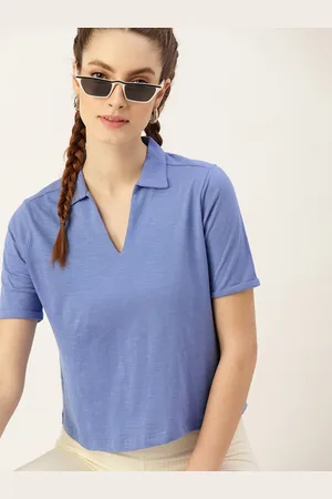 DressBerry Women Blue Pure Cotton Spread Collar T-shirt
