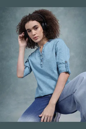 Roadster Washed Effect Roll Up Sleeves Pure Cotton Top