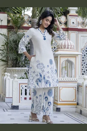 AUTUMN LANE Floral Printed & Embroidered Pure Cotton Top & Trousers Co-Ords