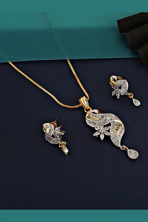 Lucky Jewellery 18K Gold Plated American Diamond Sterling Silver Necklace with Earring
