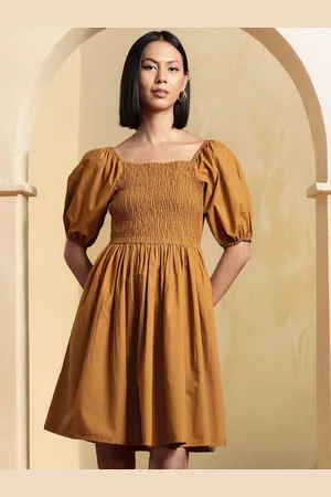 all about you Puff Sleeves Smocked Pure Cotton Fit & Flare Dress