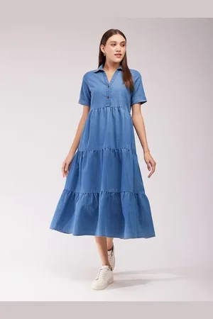 FableStreet Women Denim Tiered A-Line Midi Dress