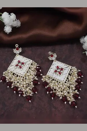 I Jewels Gold-Plated Kundan Studded & Beaded Contemporary Drop Earrings