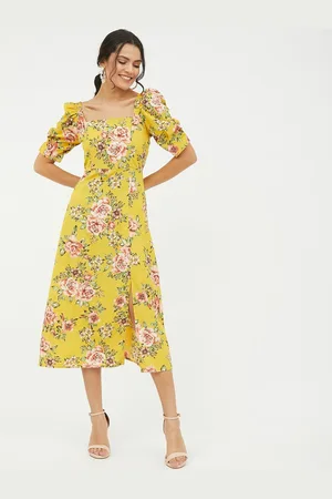 Harpa Women Mustard Yellow & Beige Floral Printed A-Line Midi Dress