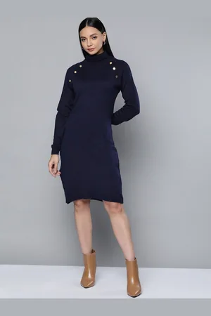Chemistry Navy Blue Solid High Neck Jumper Dress With Button Detail