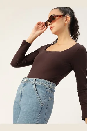 DressBerry Brown Solid Square Neck Pure Cotton Top