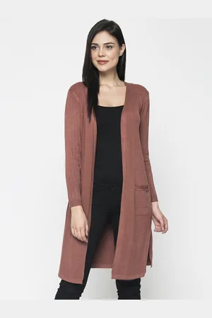 Gipsy Women Rust Brown Self Design Open Front Longline Shrug