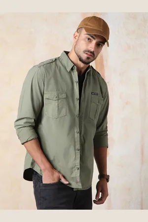 High Star Men Regular Fit Utility Heavy Washed Spread Collar Solid Cotton Casual Shirt