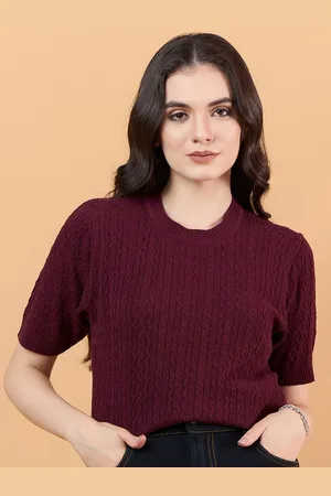CLAPTON Women Self Design Striped Round Neck Knitted T-shirt
