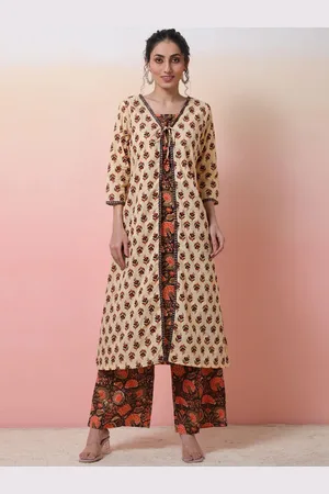 Sangria Brown Floral Printed V-Neck Straight Kurta With Palazzos & Jacket