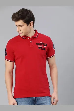 The Bear House Men Red Solid Slim Fit Polo Collar Pure Cotton T-shirt