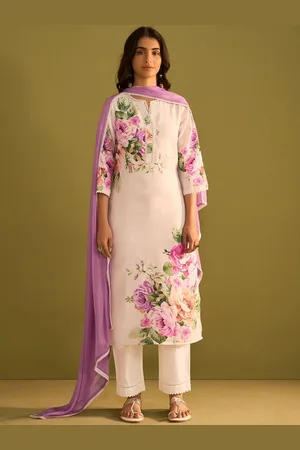Indo Era Women Floral Printed Regular Beads and Stones Linen Kurta with Trousers & With Dupatta