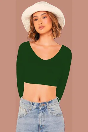 Dream Beauty Fashion Women Solid Green V-Neck Crop Top
