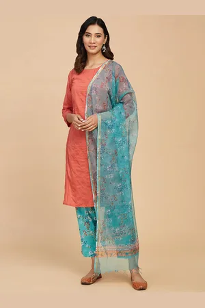 Fabindia Floral Printed Pure Cotton Kurta With Trousers & Dupatta