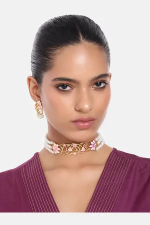 ESTELE Women Gold-Plated Pearl Studded Floral Necklace with Earrings