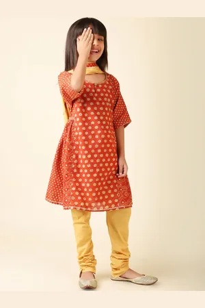 Fabindia Girls Floral Printed Pure Cotton Kurta with Churidar & With Dupatta