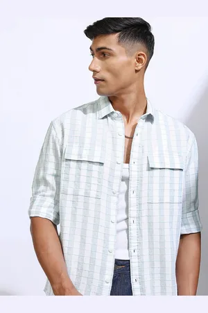 LocoMotive Premium Men Cotton Linen Textured Checked Utility Pocket Relaxed Shirt