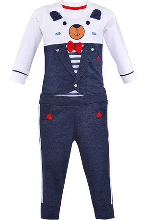 Wish Karo Girls Navy Blue & White Printed T-shirt with Trousers