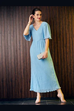 ATHENA Blue Striped V-Neck Pleated Maxi Dress