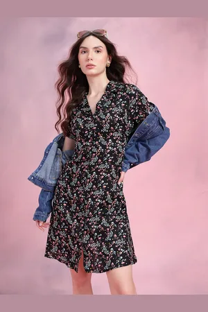 DressBerry Floral Print Notched Lapel Collar Shirt-Style Dress