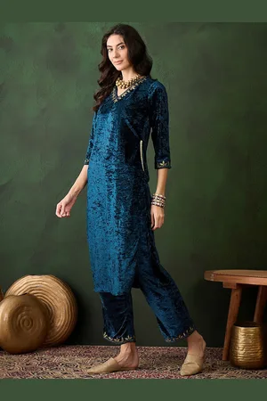 Sangria Floral Yoke Design V-Neck Gota Patti Velvet Straight Kurta With Palazzo