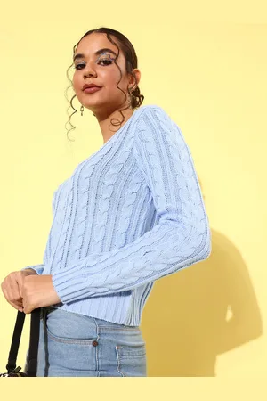 DressBerry Women Blue Cable Knit Knits Bits Sweater