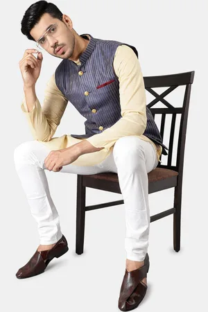 Wintage Mandarin Collar Cotton Silk Straight Kurta with Pyjamas & Nehru Jacket