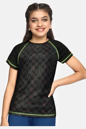 Allen Solly Girls Black & Grey Geometric Printed T-shirt With Raglan Sleeves