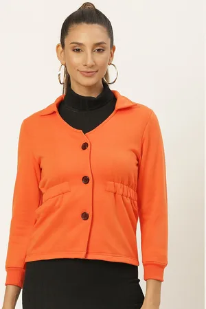 Belle Women Orange Solid Fleece Lightweight Tailored Jacket